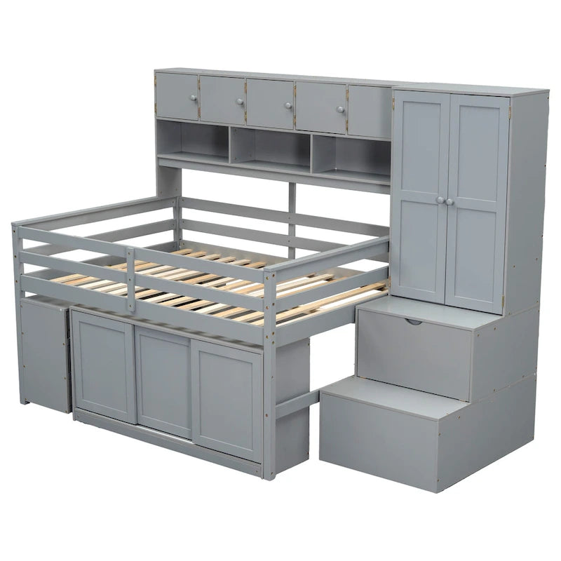 Lit mezzanine en bois pleine grandeur grand rangement avec bureau sous le lit, avec tiroirs, avec étagères, gris