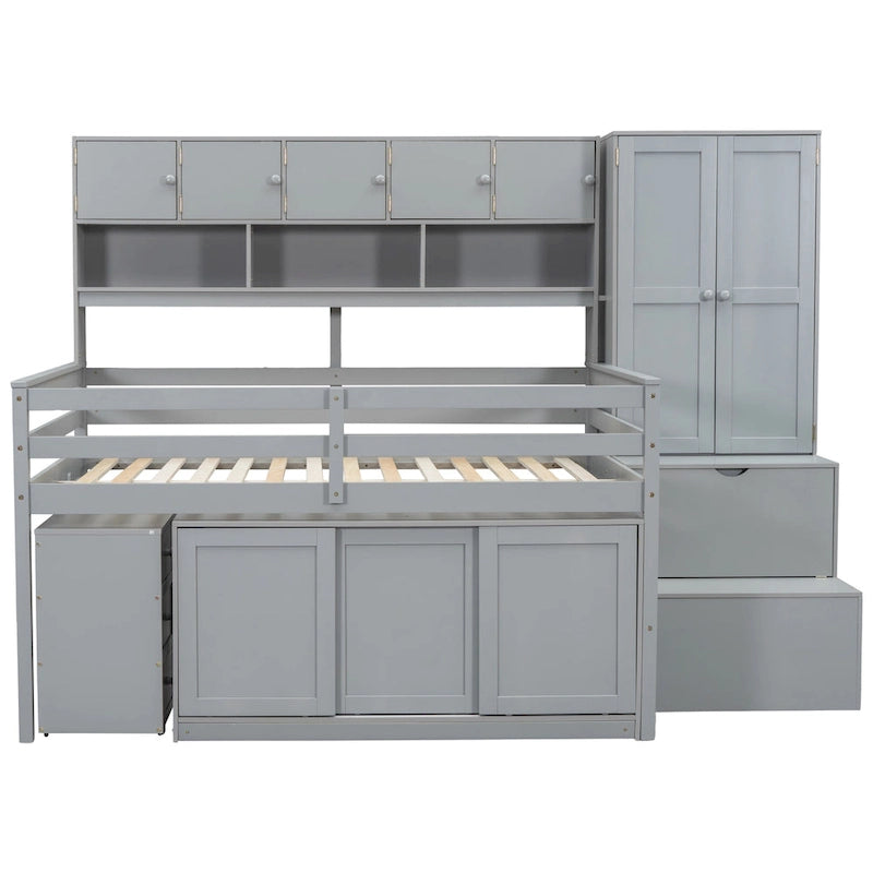 Lit mezzanine en bois pleine grandeur grand rangement avec bureau sous le lit, avec tiroirs, avec étagères, gris