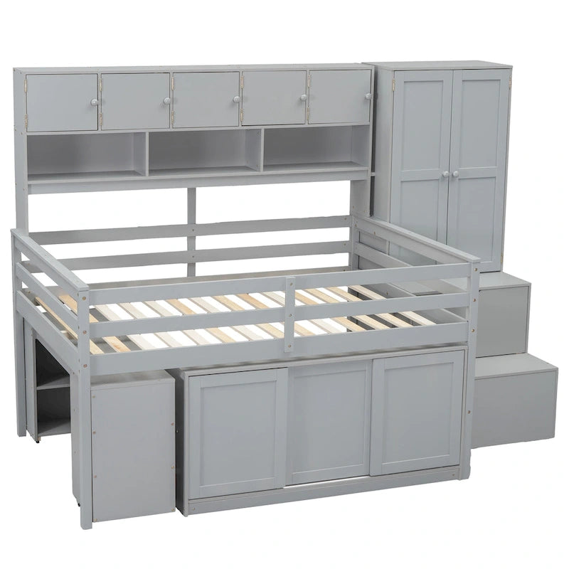 Lit mezzanine en bois pleine grandeur grand rangement avec bureau sous le lit, avec tiroirs, avec étagères, gris
