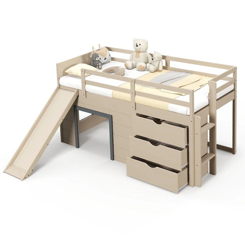 Lit mezzanine jumeau 3 en 1 avec toboggan, échelle et tiroirs pour enfants et adolescents - Beige