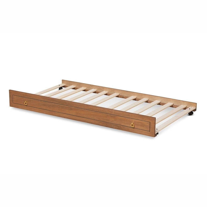 Cadre de lit gigogne double en bois avec poignées rondes en métal couleur noyer marron et doré