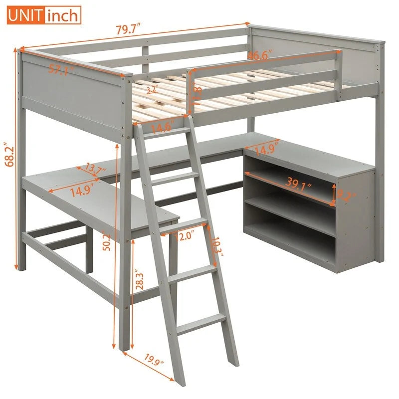 Lit mezzanine double avec étagères et bureau, lit mezzanine double en bois avec bureau
