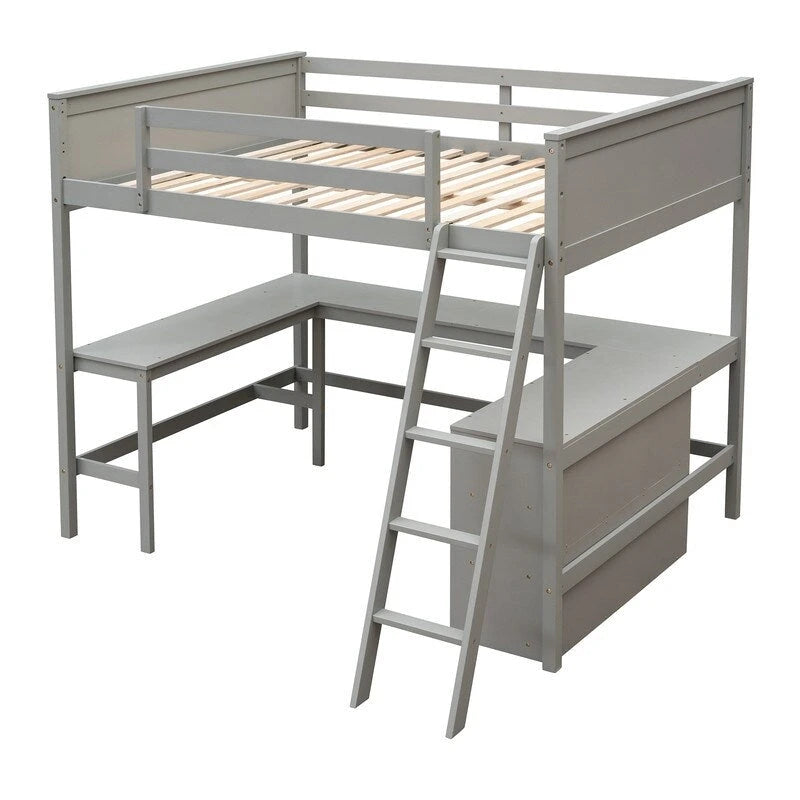 Lit mezzanine double avec étagères et bureau, lit mezzanine double en bois avec bureau