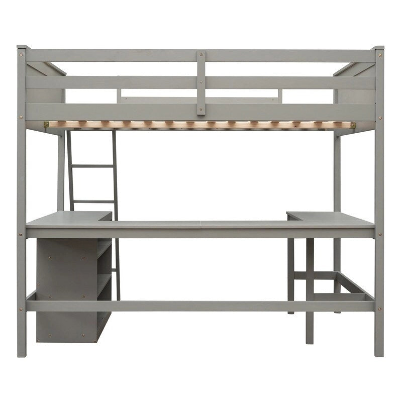 Lit mezzanine double avec étagères et bureau, lit mezzanine double en bois avec bureau