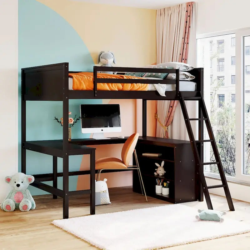 Lit mezzanine double avec étagères et bureau, lit mezzanine double en bois avec bureau