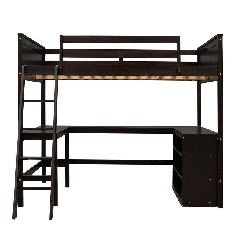 Lit mezzanine double avec étagères et bureau, lit mezzanine double en bois avec bureau