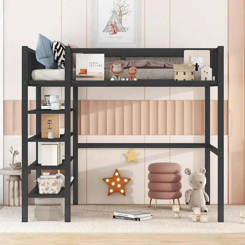 Lit mezzanine double en métal avec étagères à 4 niveaux et rangement, cadre de lit mezzanine double pour dortoir, garçons et filles, adolescents