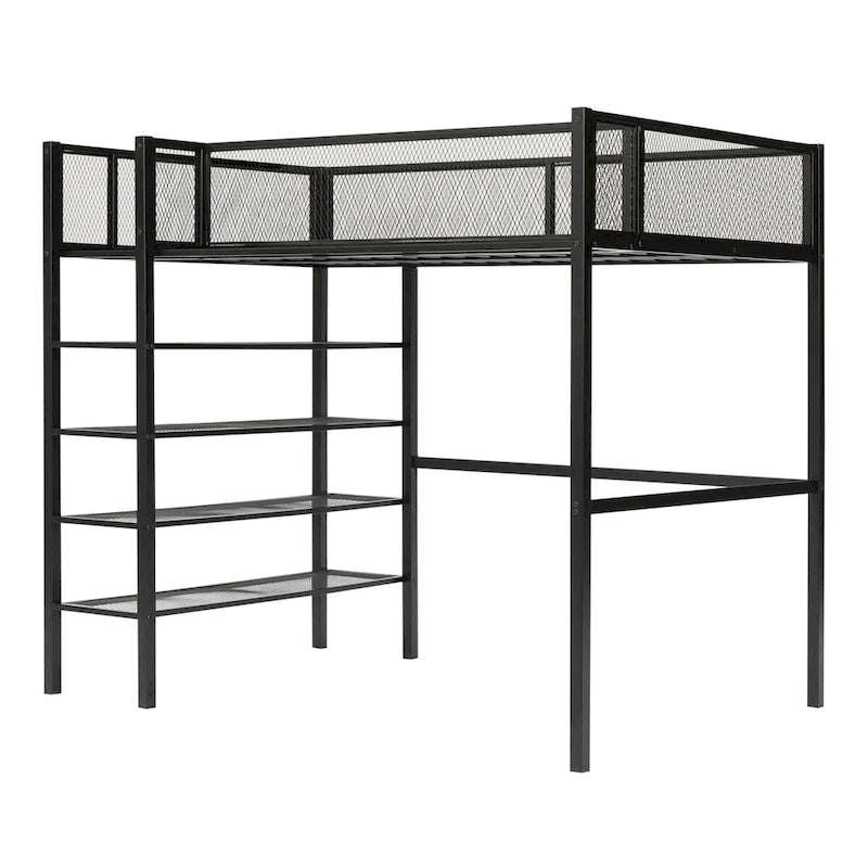 Lit mezzanine double en métal avec étagères à 4 niveaux et rangement, cadre de lit mezzanine double pour dortoir, garçons et filles, adolescents