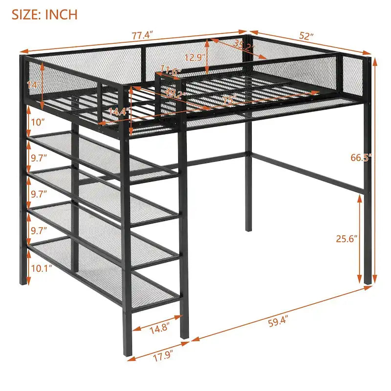 Lit mezzanine double en métal avec étagères à 4 niveaux et rangement, cadre de lit mezzanine double pour dortoir, garçons et filles, adolescents