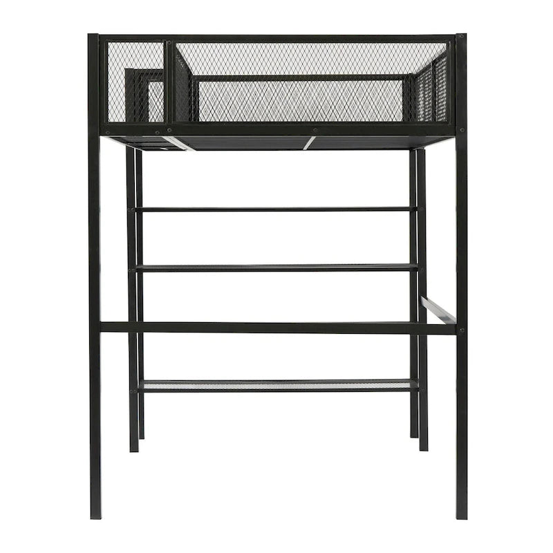 Lit mezzanine double en métal avec étagères à 4 niveaux et rangement, cadre de lit mezzanine double pour dortoir, garçons et filles, adolescents
