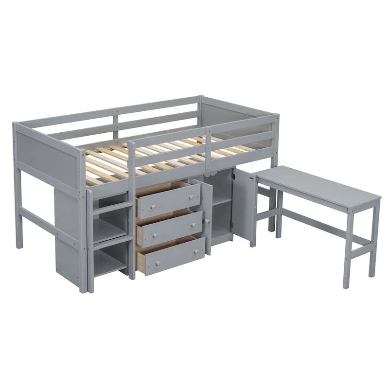 Lit mezzanine bas pour jumeaux avec bureau coulissant