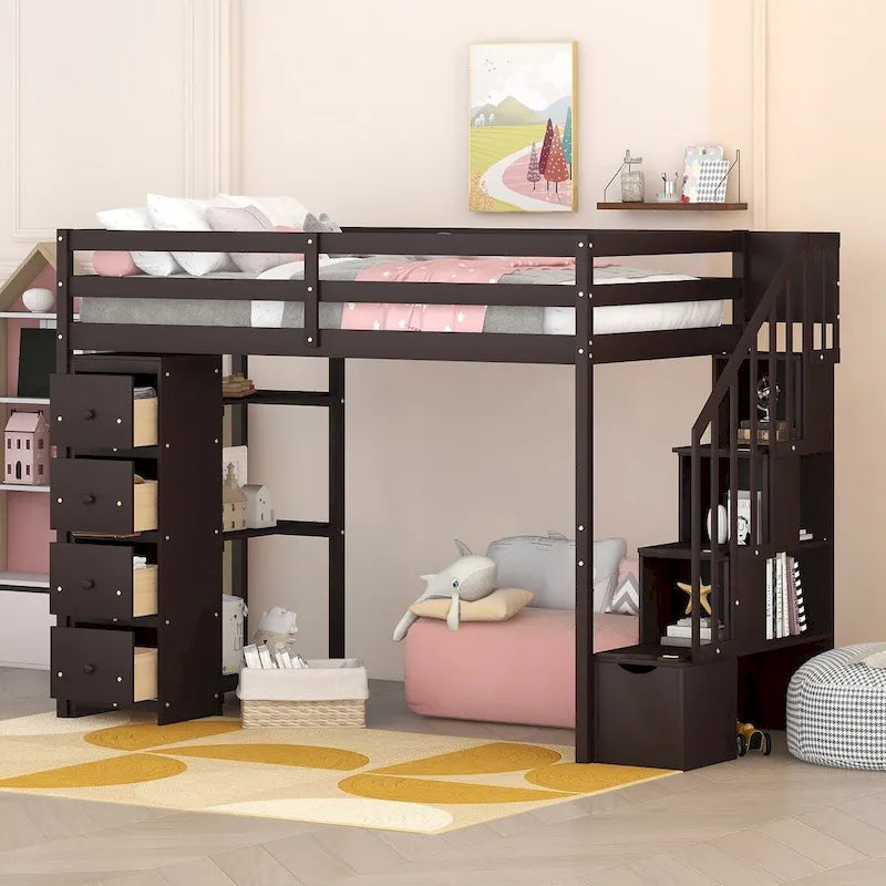 Lit mezzanine double en bois avec tiroirs de rangement et escalier avec étagères