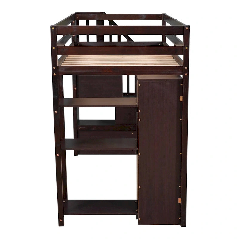 Lit mezzanine double en bois avec tiroirs de rangement et escalier avec étagères