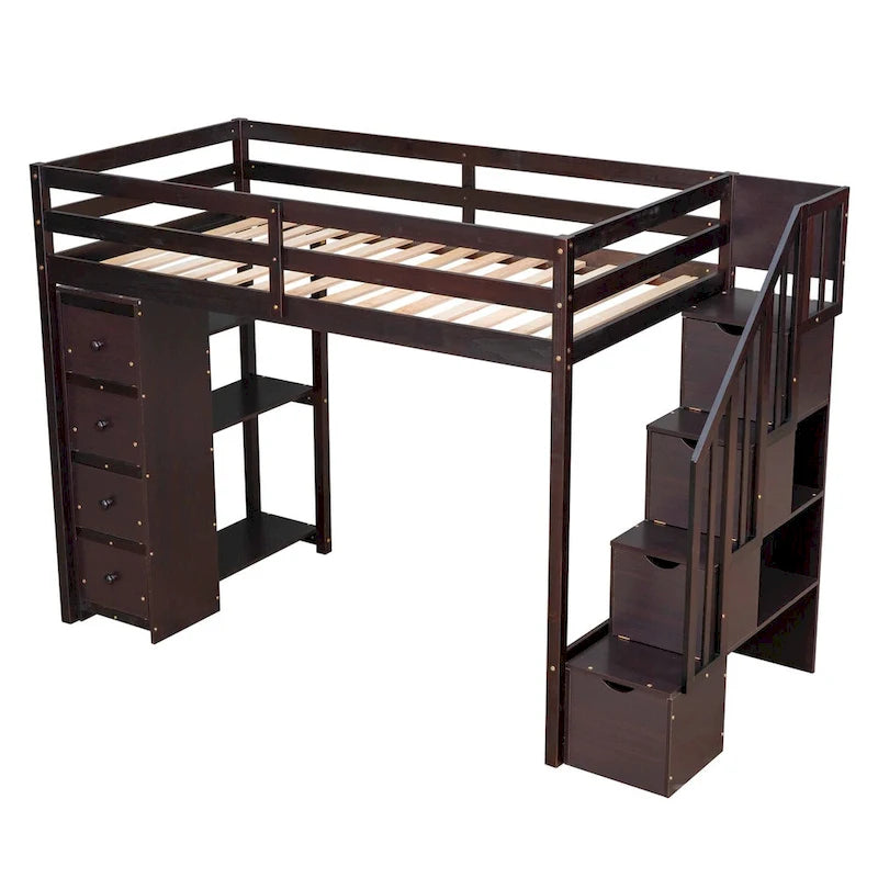 Lit mezzanine double en bois avec tiroirs de rangement et escalier avec étagères