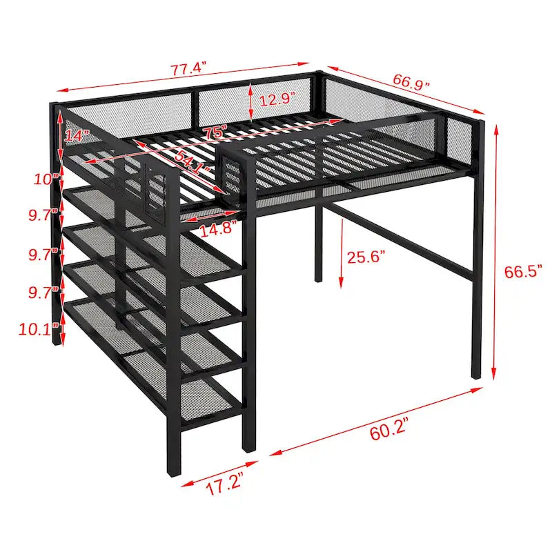 Lit mezzanine double avec quatre étagères