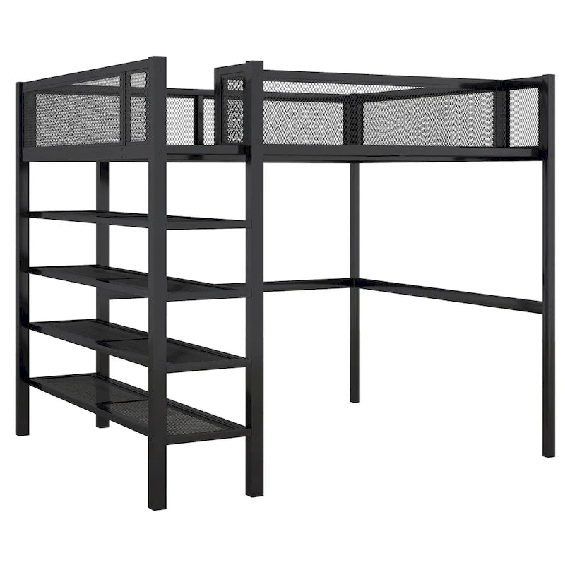 Lit mezzanine double avec quatre étagères