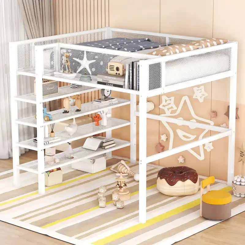 Lit mezzanine double avec quatre étagères