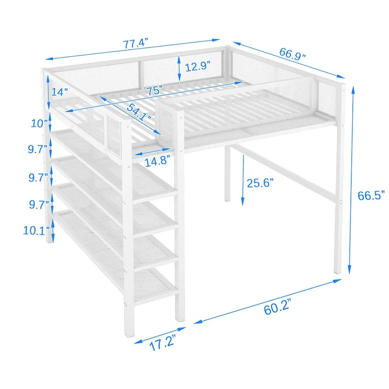 Lit mezzanine double avec quatre étagères