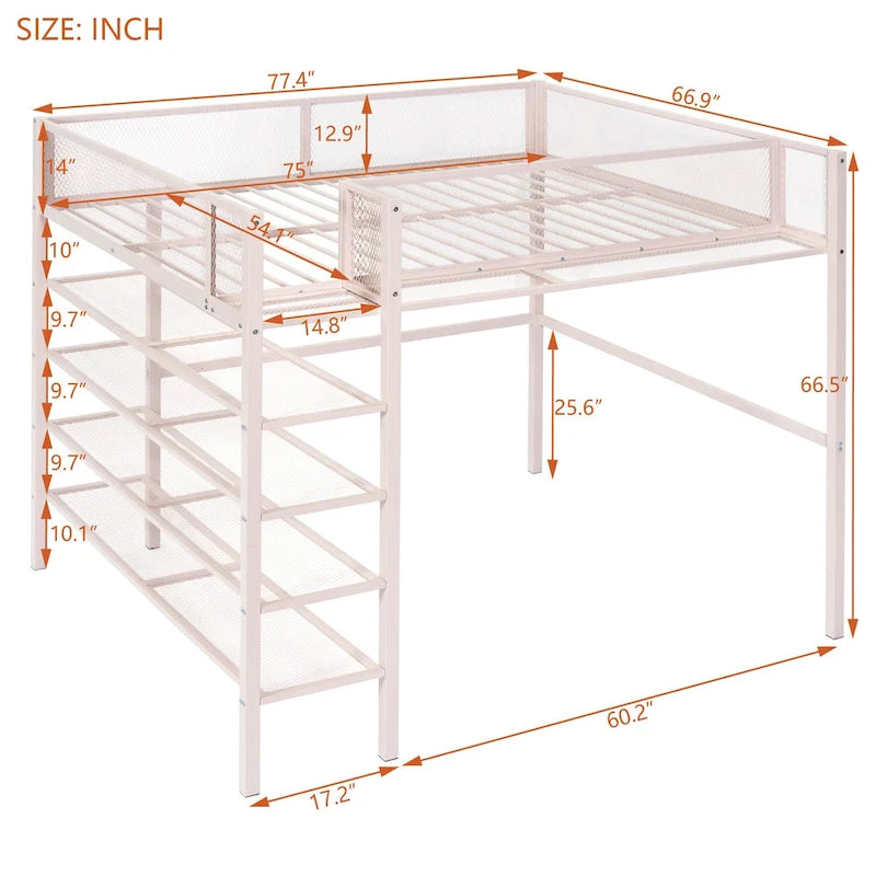 Lit mezzanine double avec quatre étagères