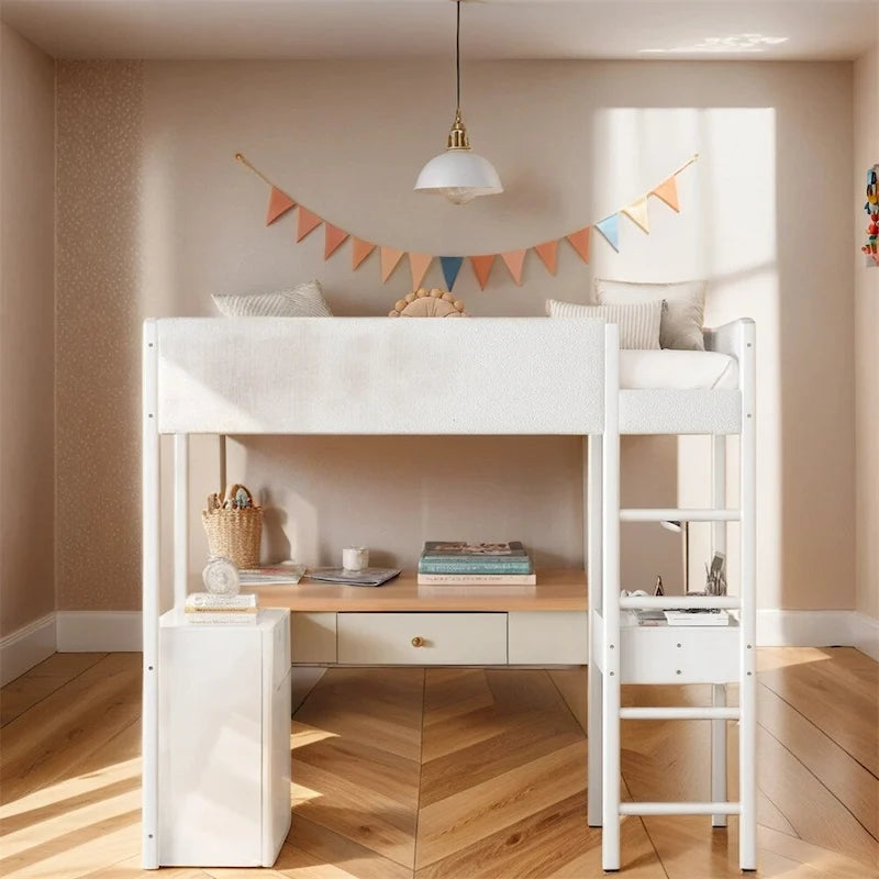 Lit mezzanine en bois, format simple, avec rangement et bureau convertible
