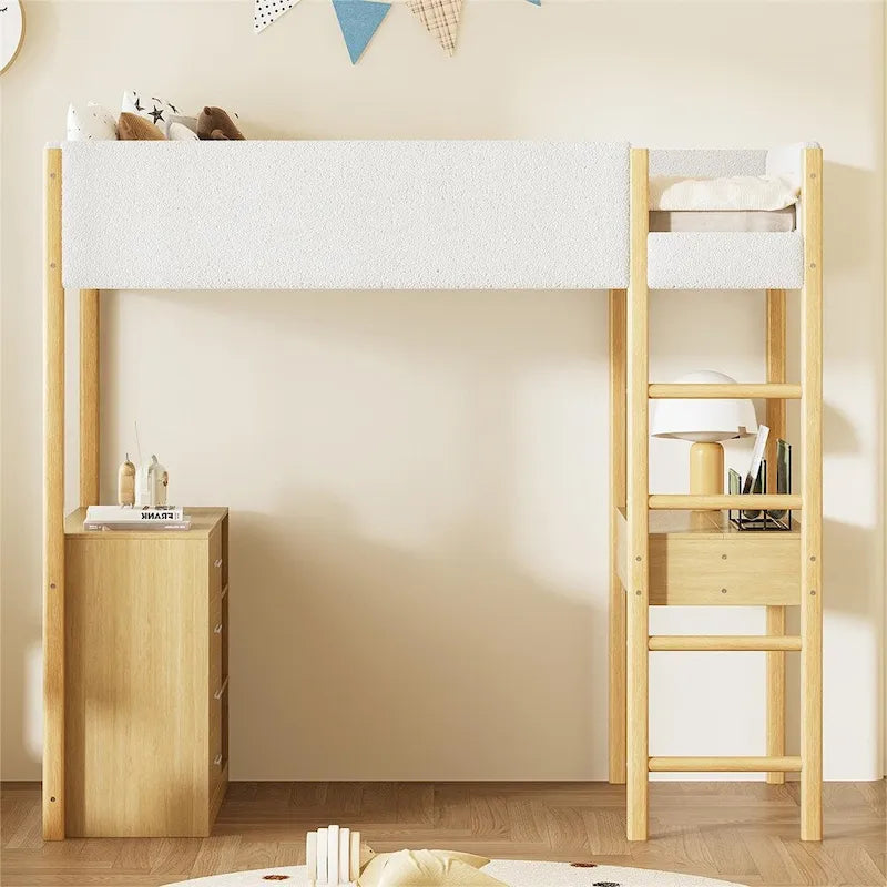 Lit mezzanine en bois, format simple, avec rangement et bureau convertible