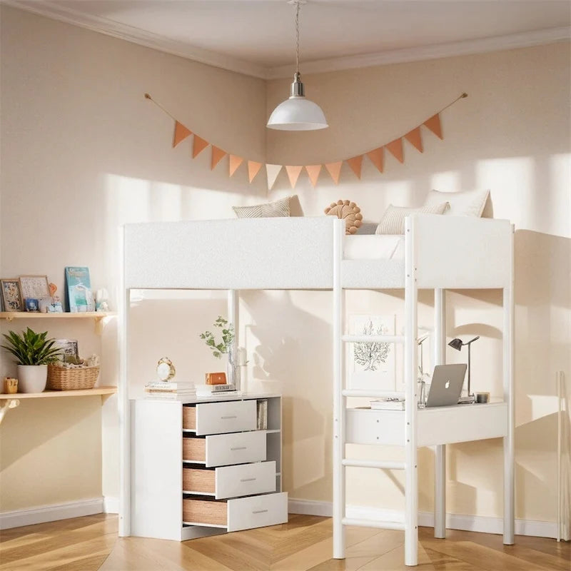 Lit mezzanine en bois, format simple, avec rangement et bureau convertible