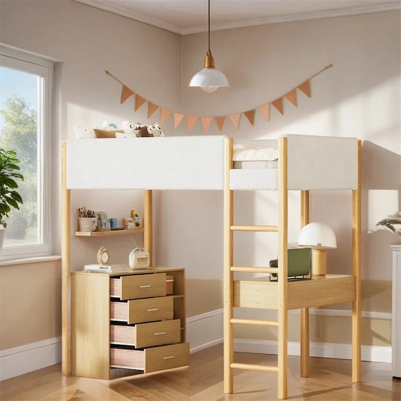 Lit mezzanine en bois, format simple, avec rangement et bureau convertible