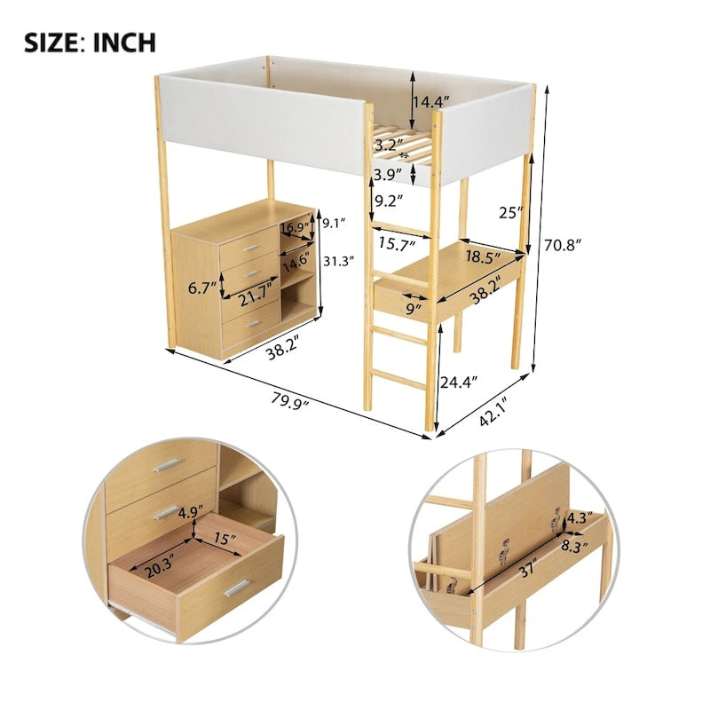 Lit mezzanine en bois, format simple, avec rangement et bureau convertible