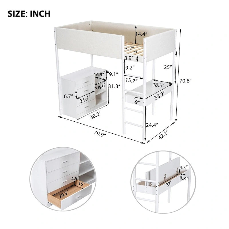 Lit mezzanine en bois, format simple, avec rangement et bureau convertible