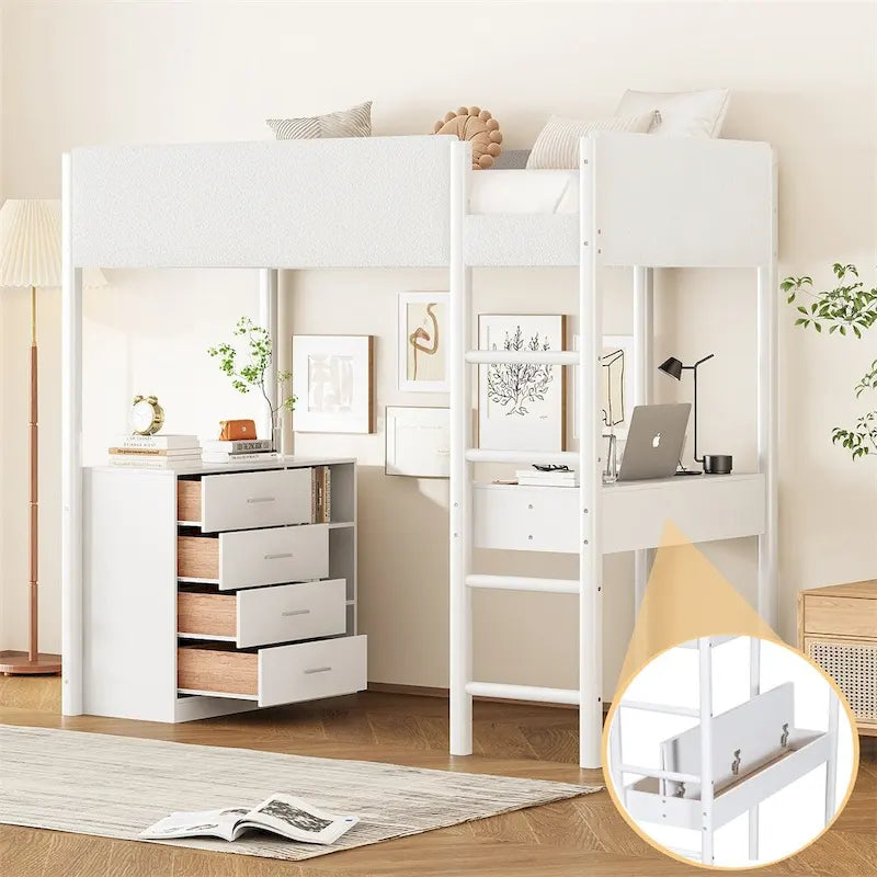 Lit mezzanine en bois, format simple, avec rangement et bureau convertible
