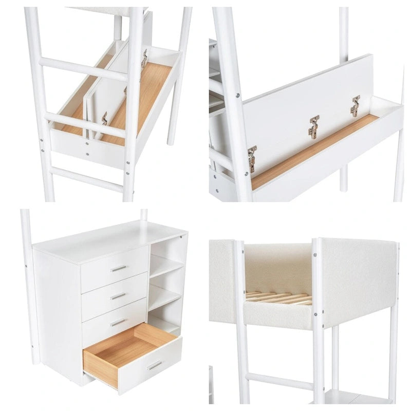 Lit mezzanine en bois, format simple, avec rangement et bureau convertible