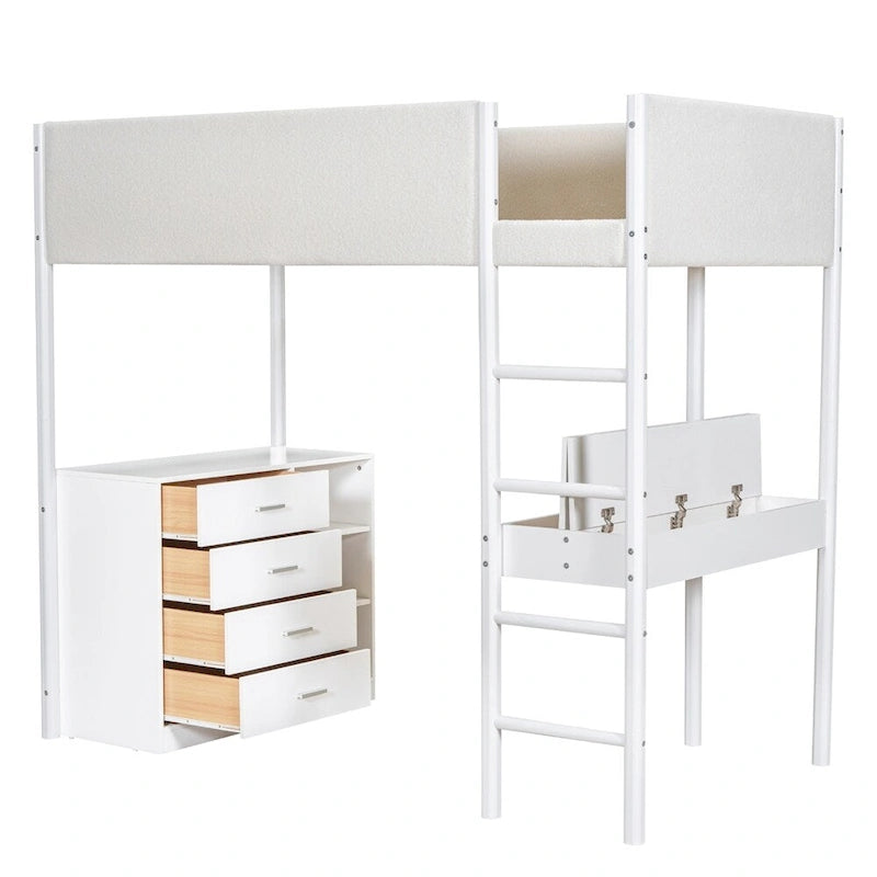 Lit mezzanine en bois, format simple, avec rangement et bureau convertible