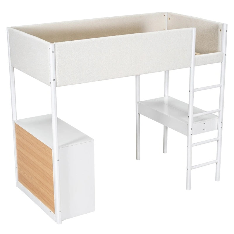 Lit mezzanine en bois, format simple, avec rangement et bureau convertible