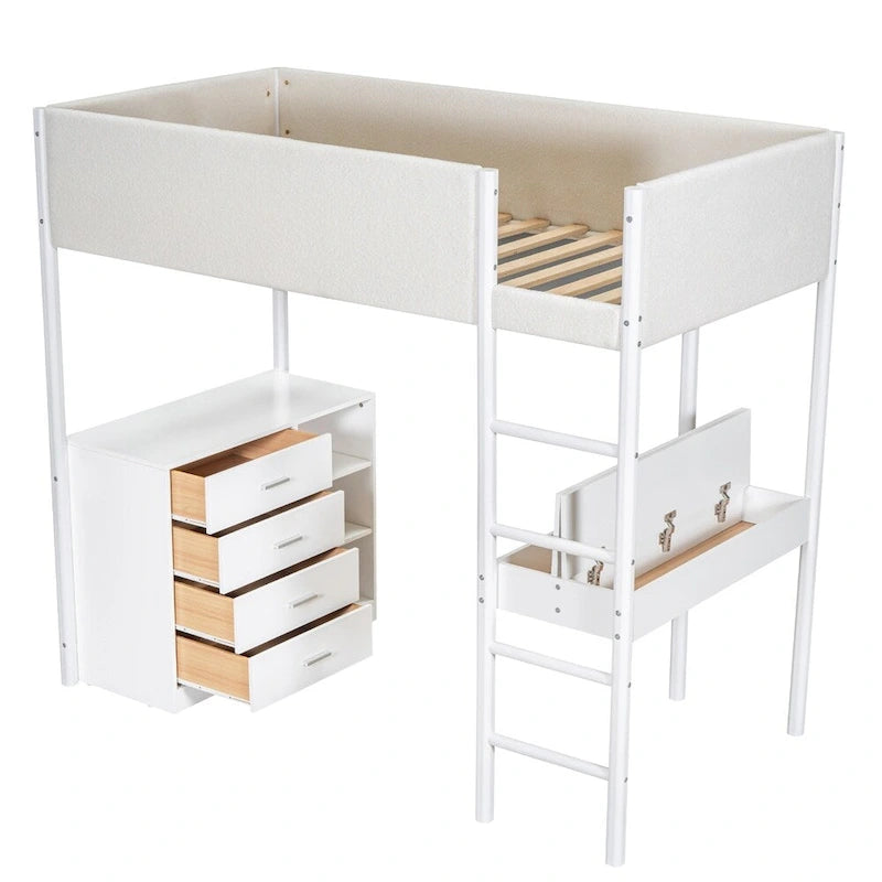 Lit mezzanine en bois, format simple, avec rangement et bureau convertible