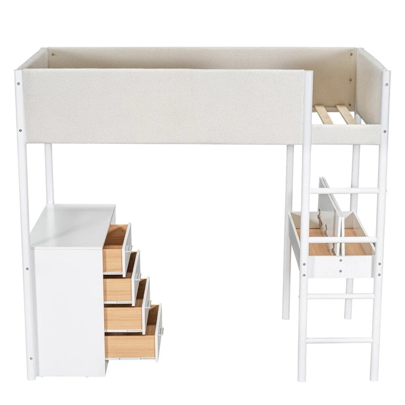 Lit mezzanine en bois, format simple, avec rangement et bureau convertible