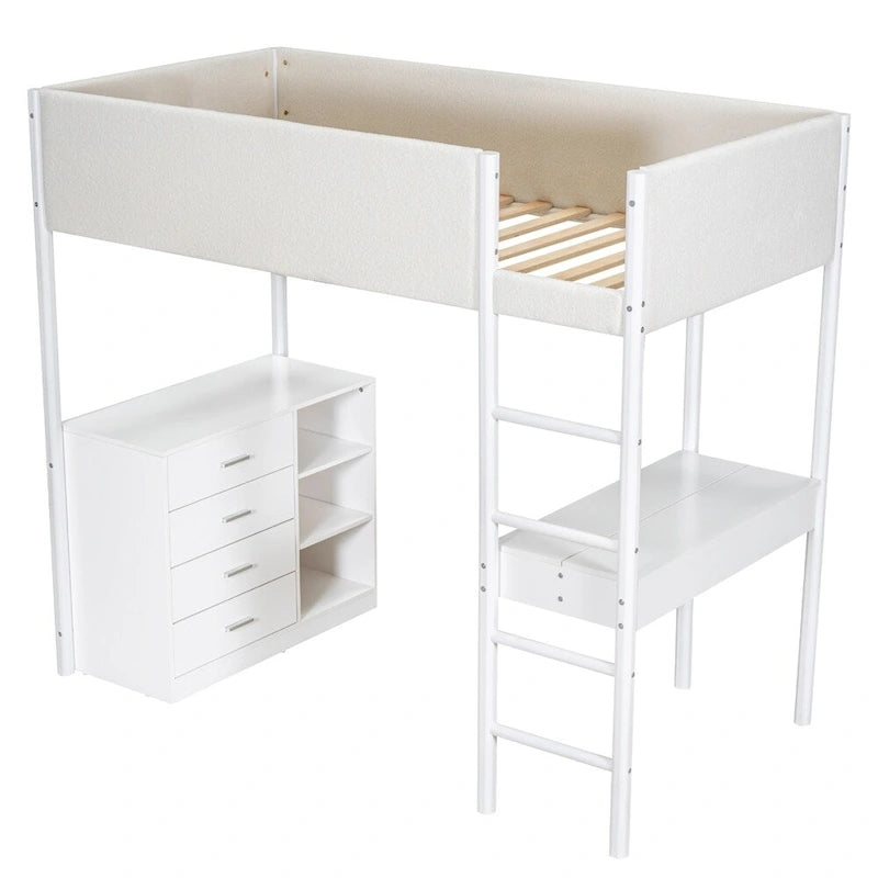 Lit mezzanine en bois, format simple, avec rangement et bureau convertible