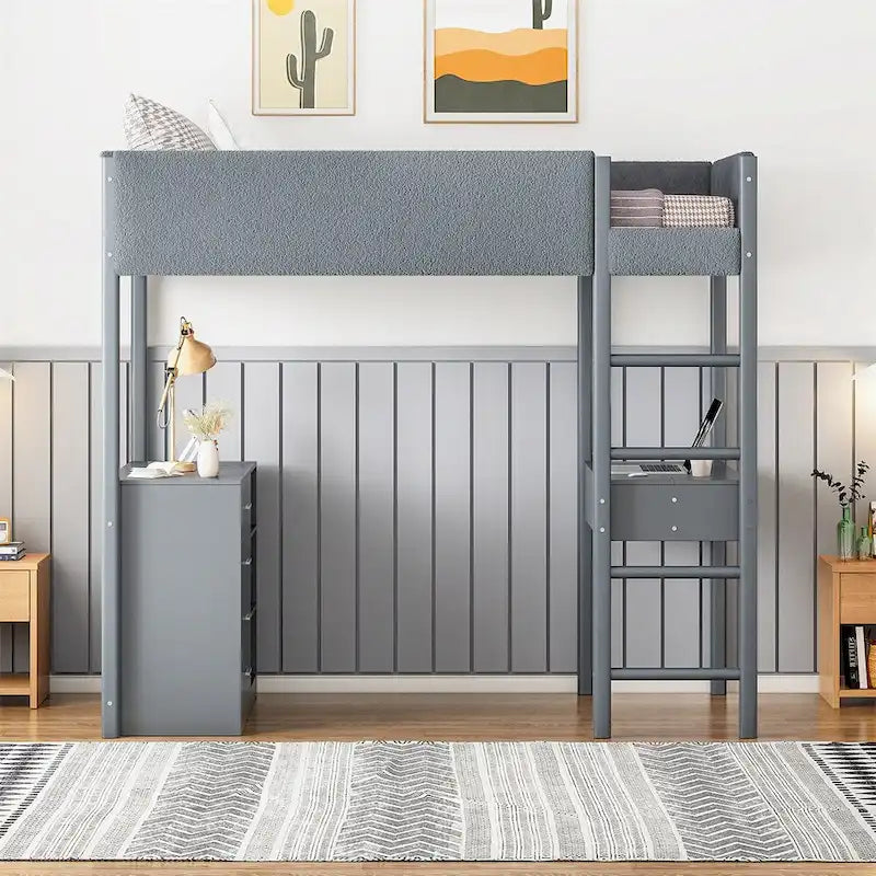 Lit mezzanine en bois, format simple, avec rangement et bureau convertible