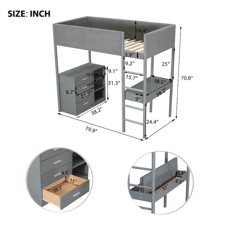 Lit mezzanine en bois, format simple, avec rangement et bureau convertible