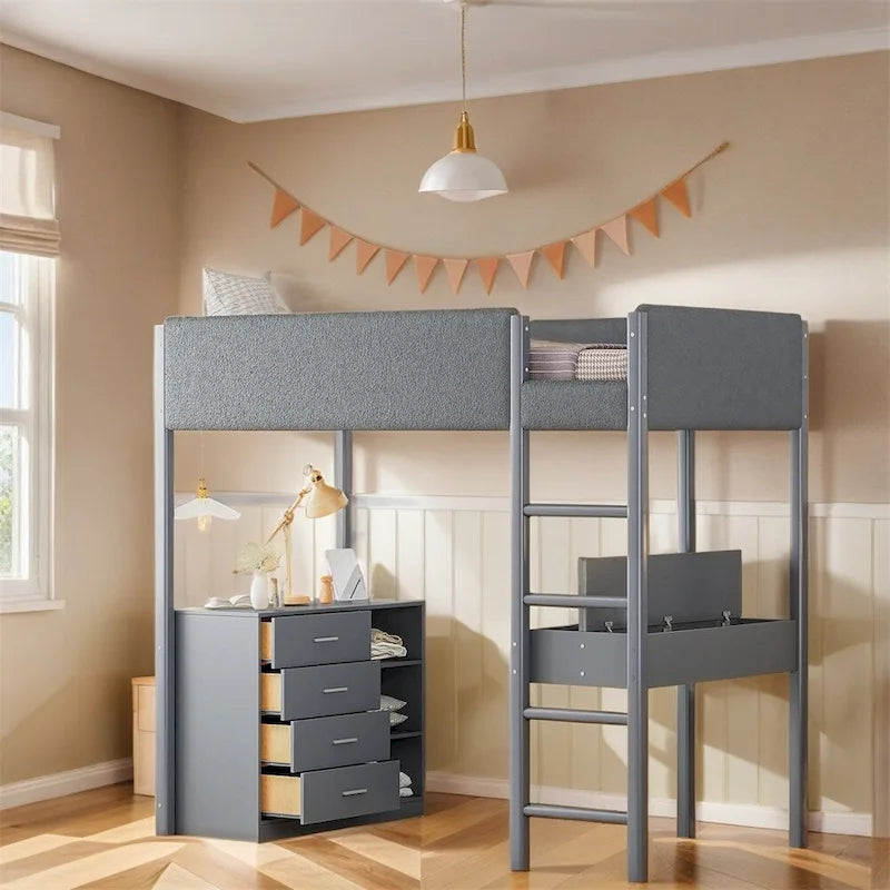 Lit mezzanine en bois, format simple, avec rangement et bureau convertible