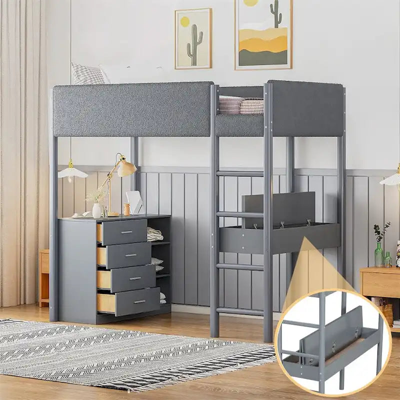 Lit mezzanine en bois, format simple, avec rangement et bureau convertible