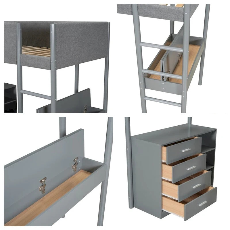 Lit mezzanine en bois, format simple, avec rangement et bureau convertible