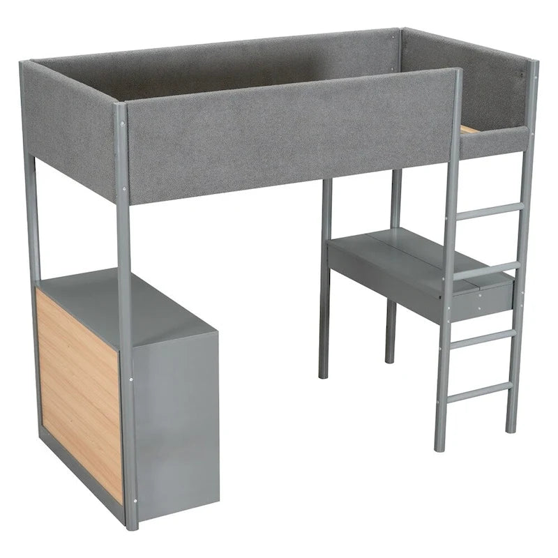 Lit mezzanine en bois, format simple, avec rangement et bureau convertible