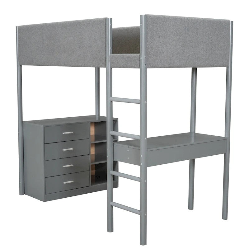 Lit mezzanine en bois, format simple, avec rangement et bureau convertible
