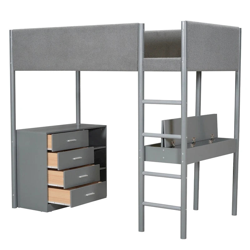 Lit mezzanine en bois, format simple, avec rangement et bureau convertible