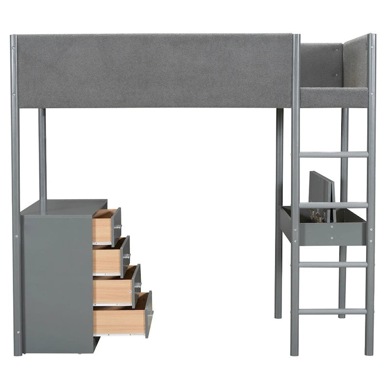Lit mezzanine en bois, format simple, avec rangement et bureau convertible
