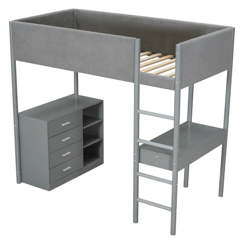 Lit mezzanine en bois, format simple, avec rangement et bureau convertible