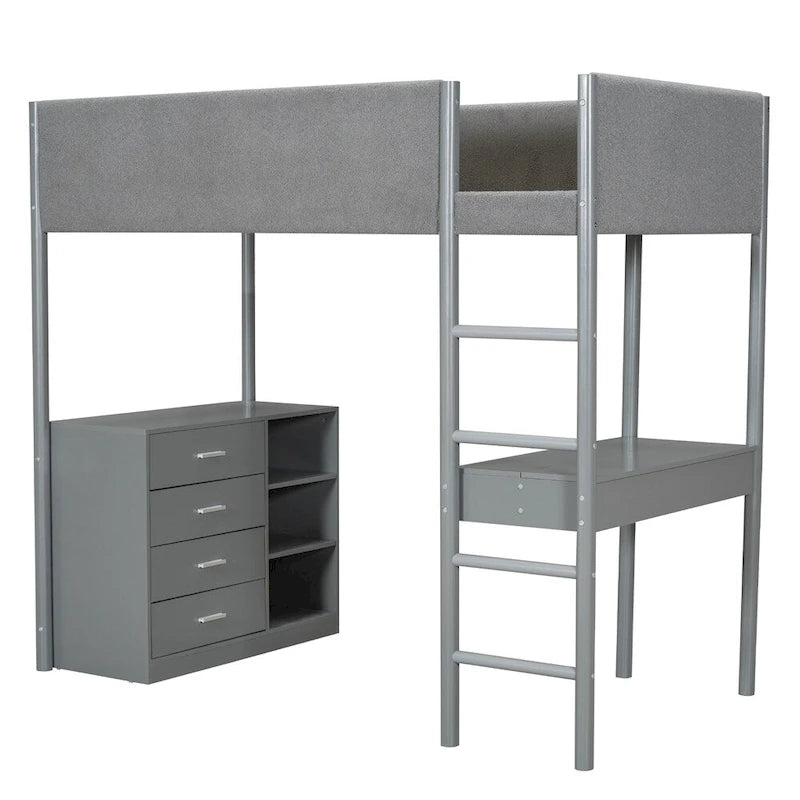 Lit mezzanine en bois, format simple, avec rangement et bureau convertible