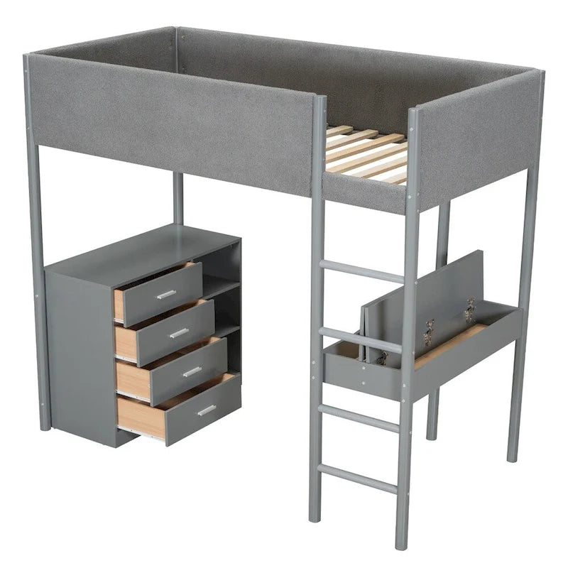 Lit mezzanine en bois, format simple, avec rangement et bureau convertible