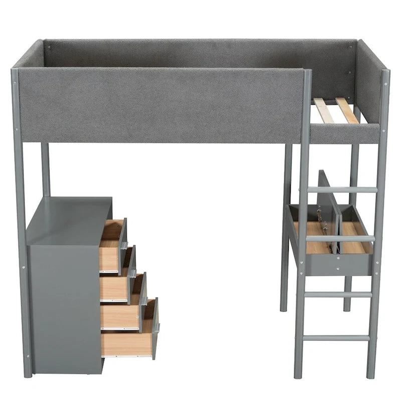 Lit mezzanine en bois, format simple, avec rangement et bureau convertible