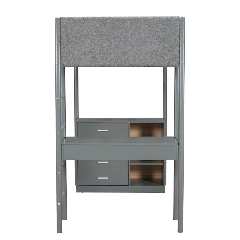 Lit mezzanine en bois, format simple, avec rangement et bureau convertible